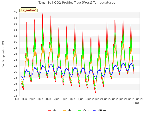 plot of Tonzi Soil CO2 Profile: Tree (West) Temperatures