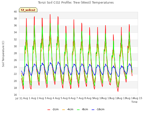 plot of Tonzi Soil CO2 Profile: Tree (West) Temperatures