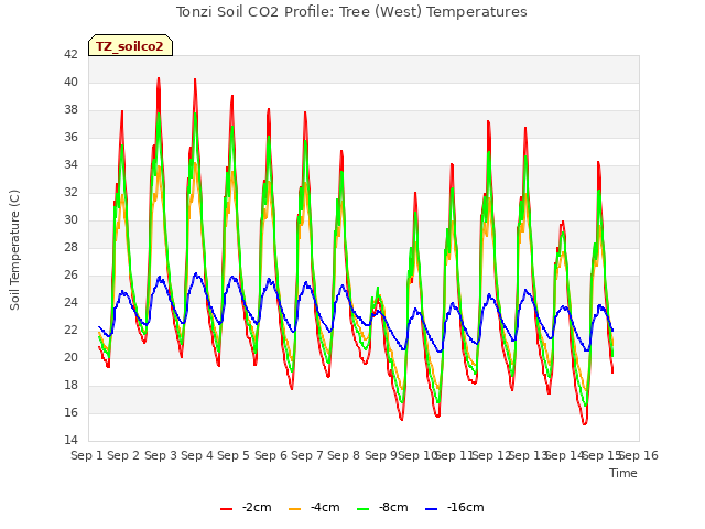 plot of Tonzi Soil CO2 Profile: Tree (West) Temperatures