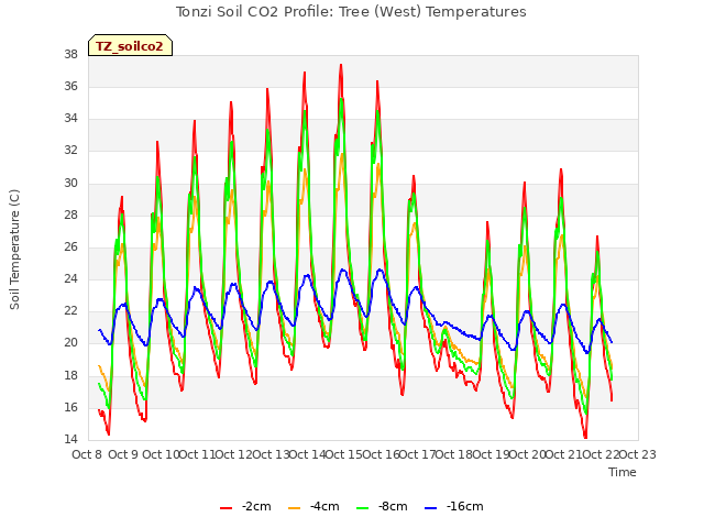 plot of Tonzi Soil CO2 Profile: Tree (West) Temperatures