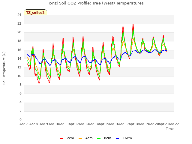 plot of Tonzi Soil CO2 Profile: Tree (West) Temperatures