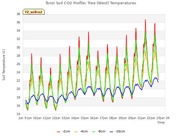 plot of Tonzi Soil CO2 Profile: Tree (West) Temperatures