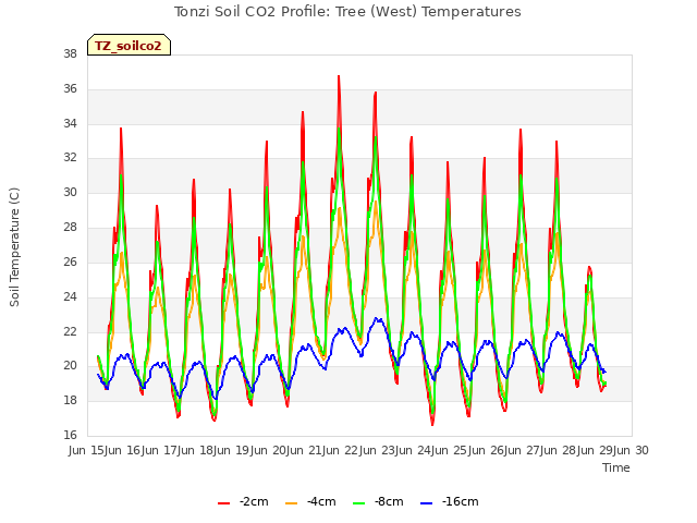 plot of Tonzi Soil CO2 Profile: Tree (West) Temperatures