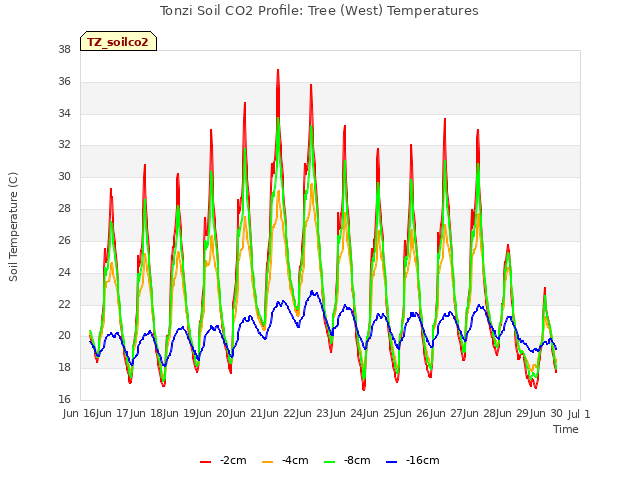 plot of Tonzi Soil CO2 Profile: Tree (West) Temperatures