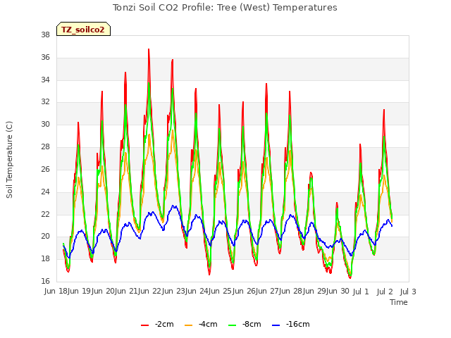 plot of Tonzi Soil CO2 Profile: Tree (West) Temperatures