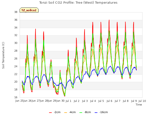 plot of Tonzi Soil CO2 Profile: Tree (West) Temperatures