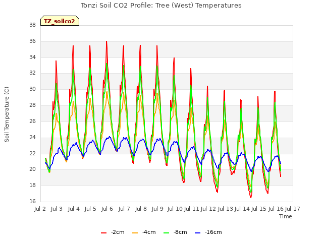 plot of Tonzi Soil CO2 Profile: Tree (West) Temperatures