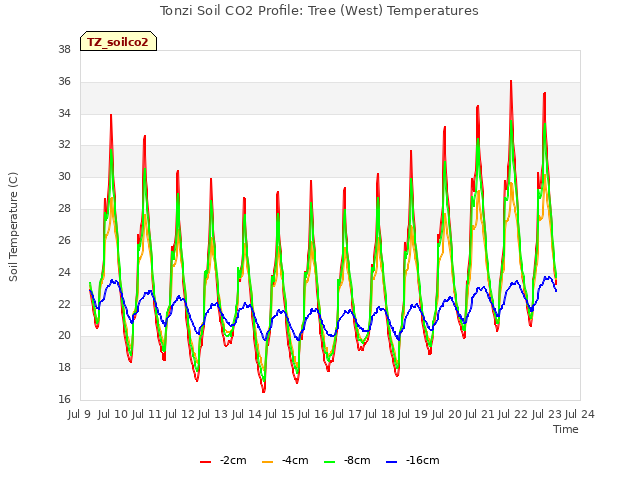 plot of Tonzi Soil CO2 Profile: Tree (West) Temperatures