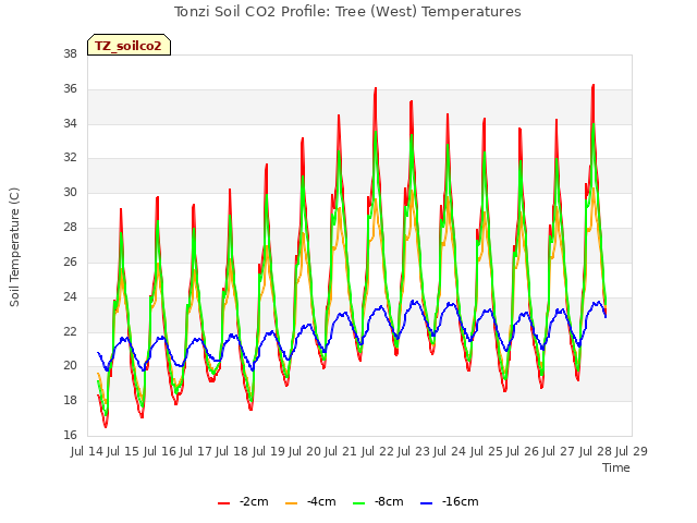 plot of Tonzi Soil CO2 Profile: Tree (West) Temperatures