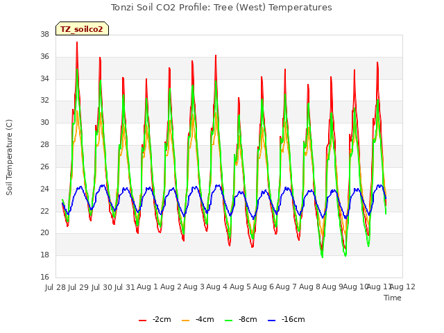 plot of Tonzi Soil CO2 Profile: Tree (West) Temperatures