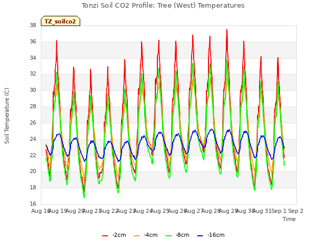 plot of Tonzi Soil CO2 Profile: Tree (West) Temperatures