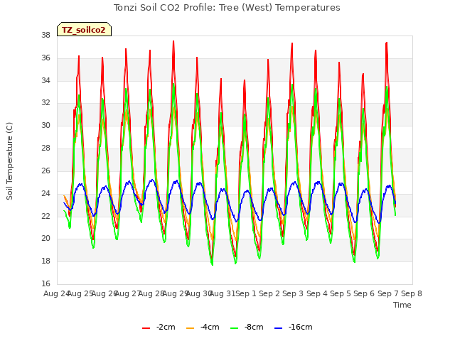 plot of Tonzi Soil CO2 Profile: Tree (West) Temperatures