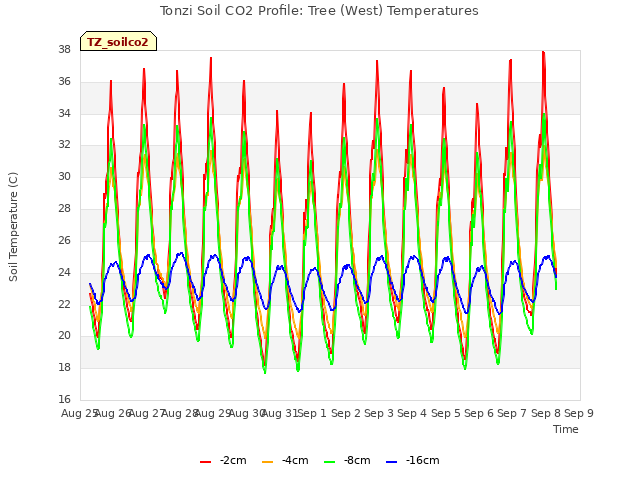 plot of Tonzi Soil CO2 Profile: Tree (West) Temperatures