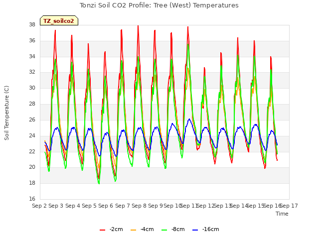 plot of Tonzi Soil CO2 Profile: Tree (West) Temperatures