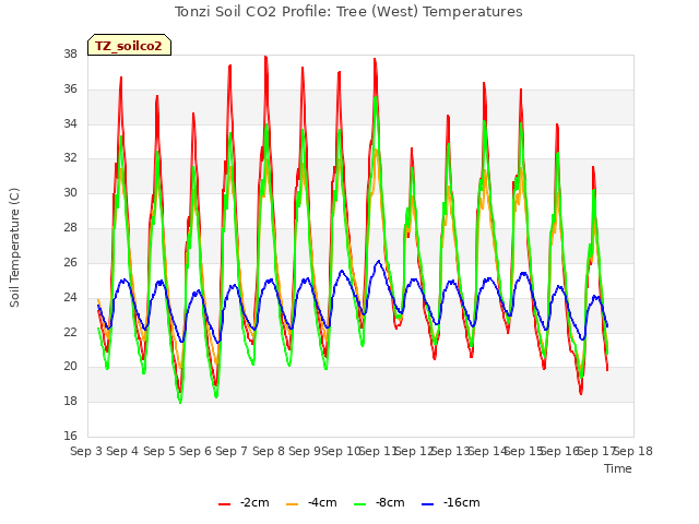 plot of Tonzi Soil CO2 Profile: Tree (West) Temperatures