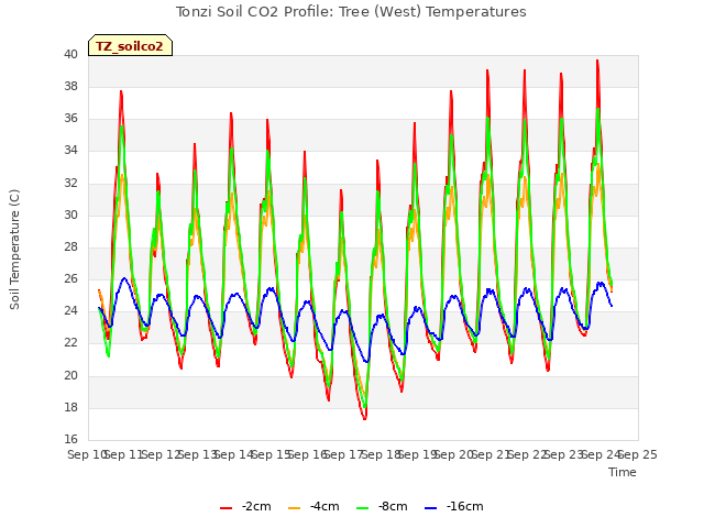plot of Tonzi Soil CO2 Profile: Tree (West) Temperatures