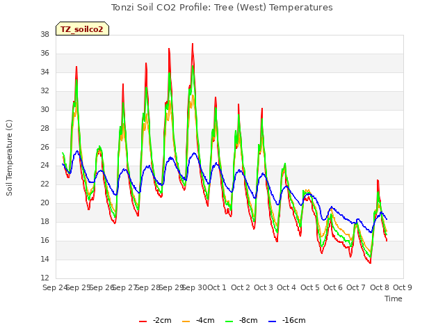 plot of Tonzi Soil CO2 Profile: Tree (West) Temperatures