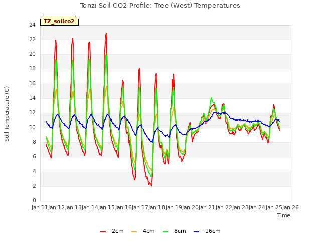 plot of Tonzi Soil CO2 Profile: Tree (West) Temperatures