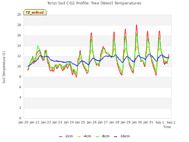 plot of Tonzi Soil CO2 Profile: Tree (West) Temperatures