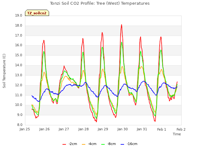 plot of Tonzi Soil CO2 Profile: Tree (West) Temperatures