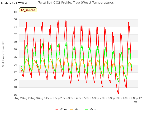 plot of Tonzi Soil CO2 Profile: Tree (West) Temperatures