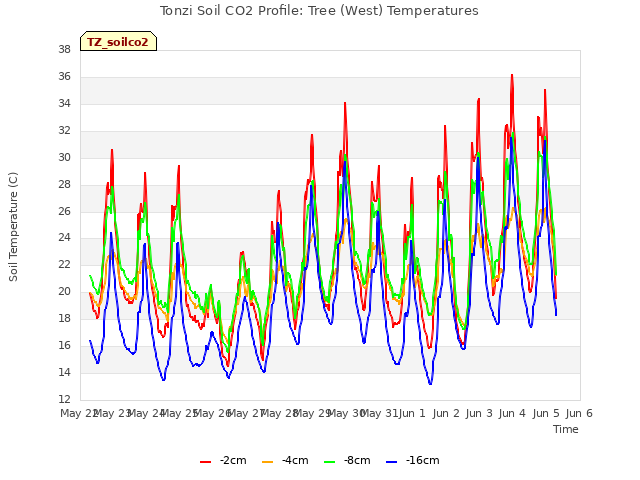 plot of Tonzi Soil CO2 Profile: Tree (West) Temperatures