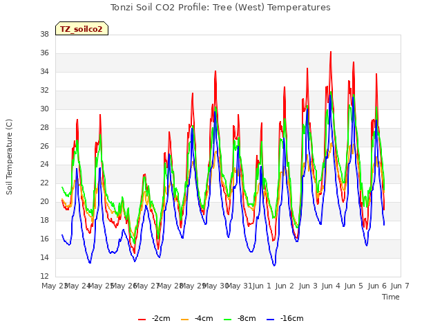 plot of Tonzi Soil CO2 Profile: Tree (West) Temperatures