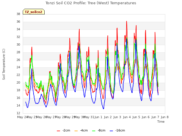 plot of Tonzi Soil CO2 Profile: Tree (West) Temperatures