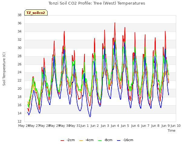 plot of Tonzi Soil CO2 Profile: Tree (West) Temperatures