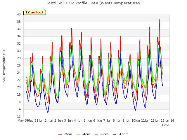 plot of Tonzi Soil CO2 Profile: Tree (West) Temperatures