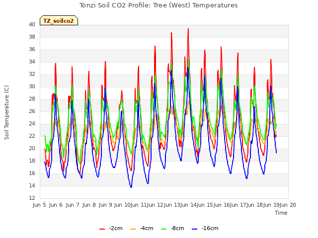 plot of Tonzi Soil CO2 Profile: Tree (West) Temperatures