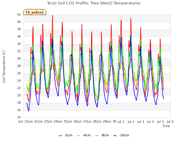 plot of Tonzi Soil CO2 Profile: Tree (West) Temperatures