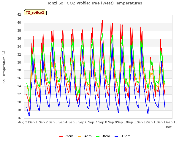 plot of Tonzi Soil CO2 Profile: Tree (West) Temperatures