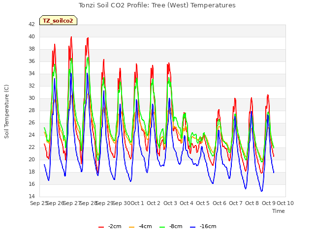 plot of Tonzi Soil CO2 Profile: Tree (West) Temperatures