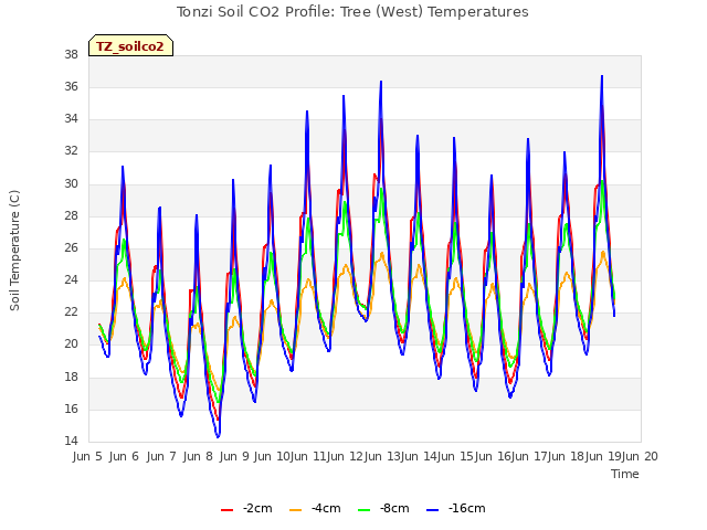 plot of Tonzi Soil CO2 Profile: Tree (West) Temperatures