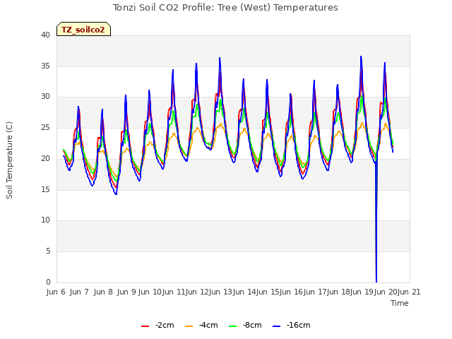 plot of Tonzi Soil CO2 Profile: Tree (West) Temperatures