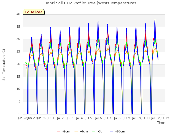 plot of Tonzi Soil CO2 Profile: Tree (West) Temperatures