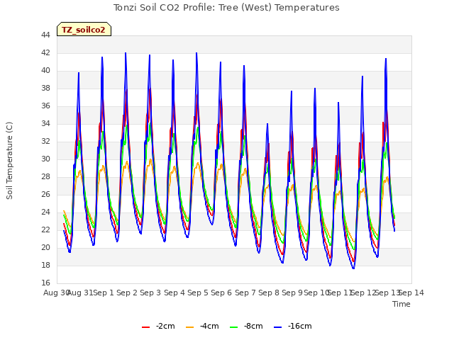 plot of Tonzi Soil CO2 Profile: Tree (West) Temperatures