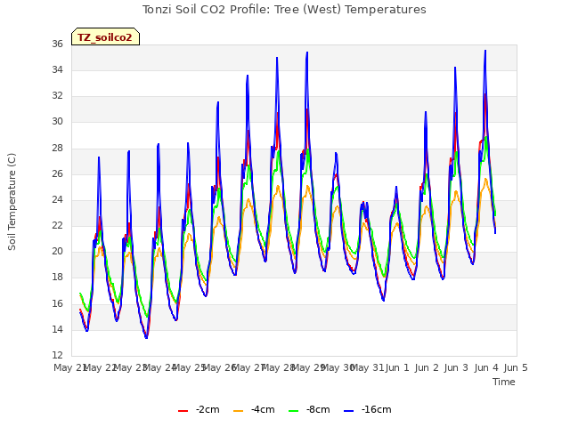 plot of Tonzi Soil CO2 Profile: Tree (West) Temperatures