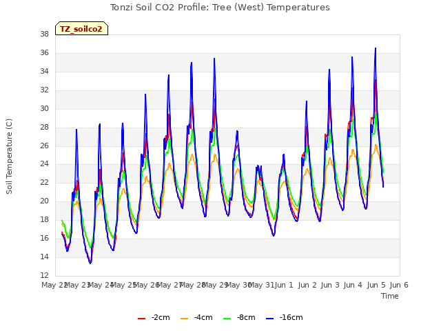 plot of Tonzi Soil CO2 Profile: Tree (West) Temperatures