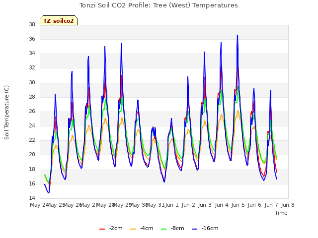 plot of Tonzi Soil CO2 Profile: Tree (West) Temperatures