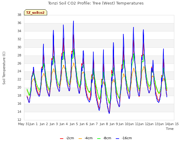 plot of Tonzi Soil CO2 Profile: Tree (West) Temperatures