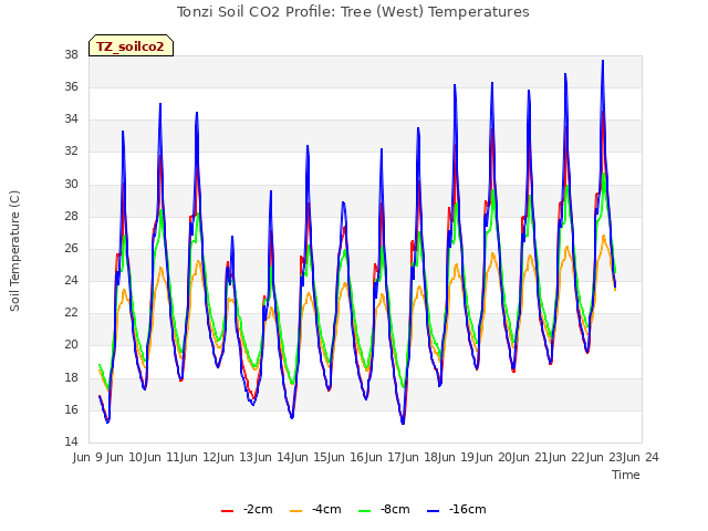 plot of Tonzi Soil CO2 Profile: Tree (West) Temperatures