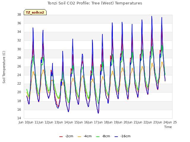 plot of Tonzi Soil CO2 Profile: Tree (West) Temperatures