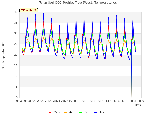 plot of Tonzi Soil CO2 Profile: Tree (West) Temperatures