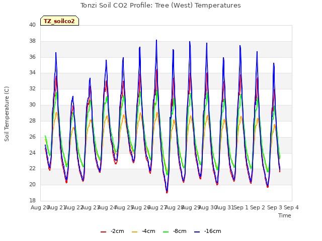 plot of Tonzi Soil CO2 Profile: Tree (West) Temperatures