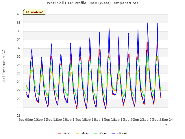 plot of Tonzi Soil CO2 Profile: Tree (West) Temperatures