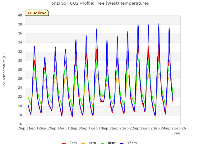 plot of Tonzi Soil CO2 Profile: Tree (West) Temperatures