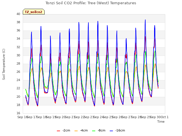 plot of Tonzi Soil CO2 Profile: Tree (West) Temperatures