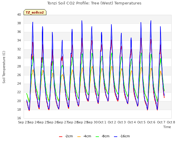 plot of Tonzi Soil CO2 Profile: Tree (West) Temperatures